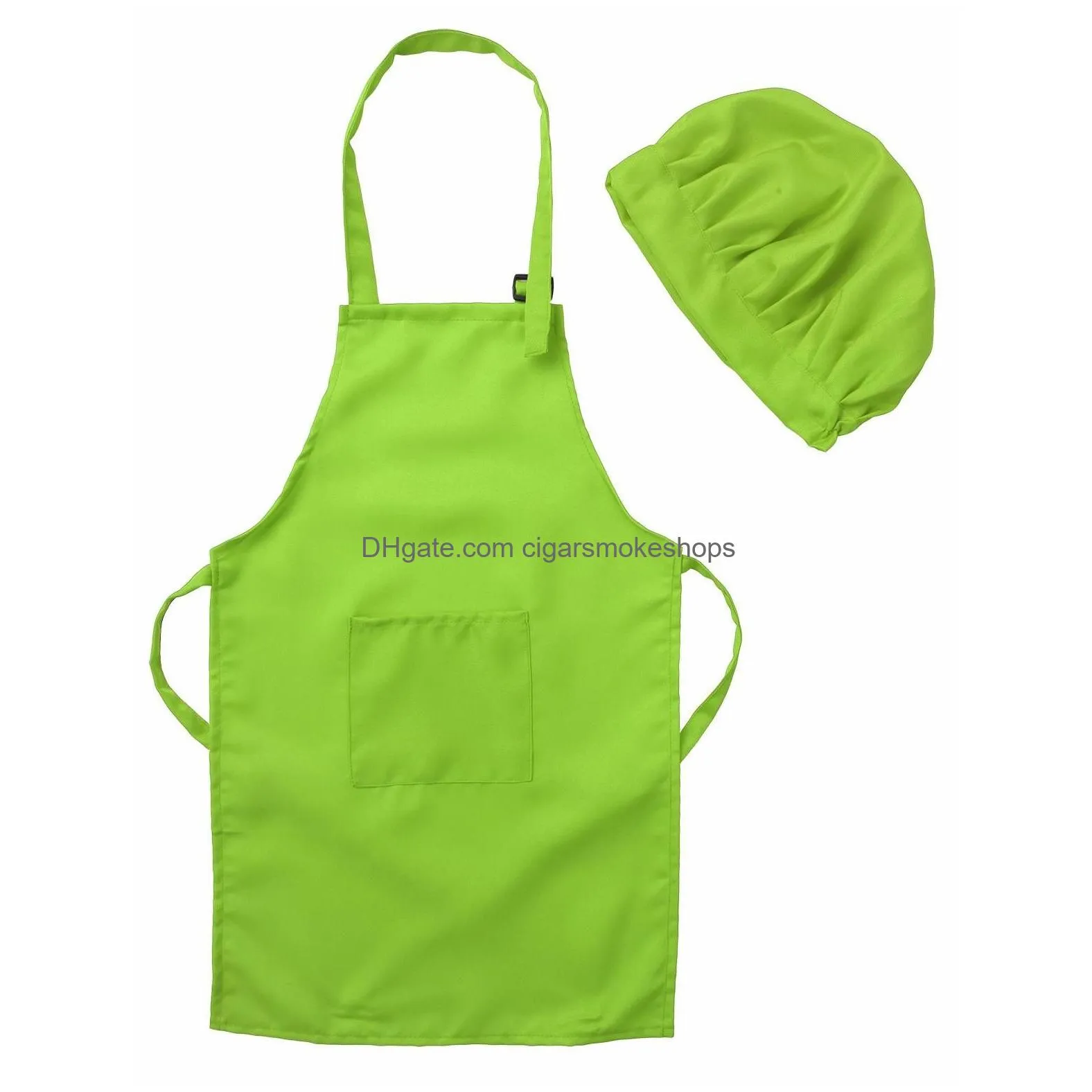 Aprons Us Stock Printable Customize Logo Children Chef Apron Set Kitchen Waists 12 Colors Kids With Hats For Painting Cooking Drop Del Dhe1U