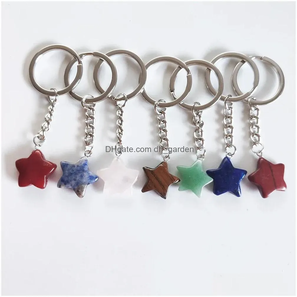 Key Rings Natural Stone Star Keychains Healing Pink Crystal Car Decor Chain Keyholder For Women Men Drop Delivery Jewelry Dhgarden Dhljy