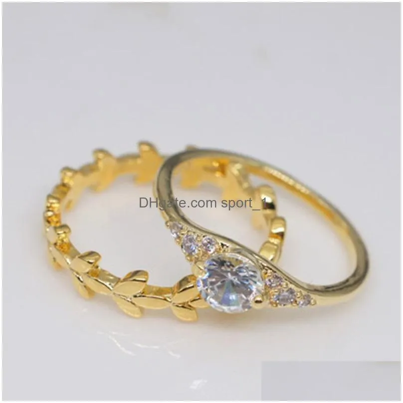 exquisite gold leaf white zircon wedding ring set fashion simple dainty rings lovers gifts fine jewelry