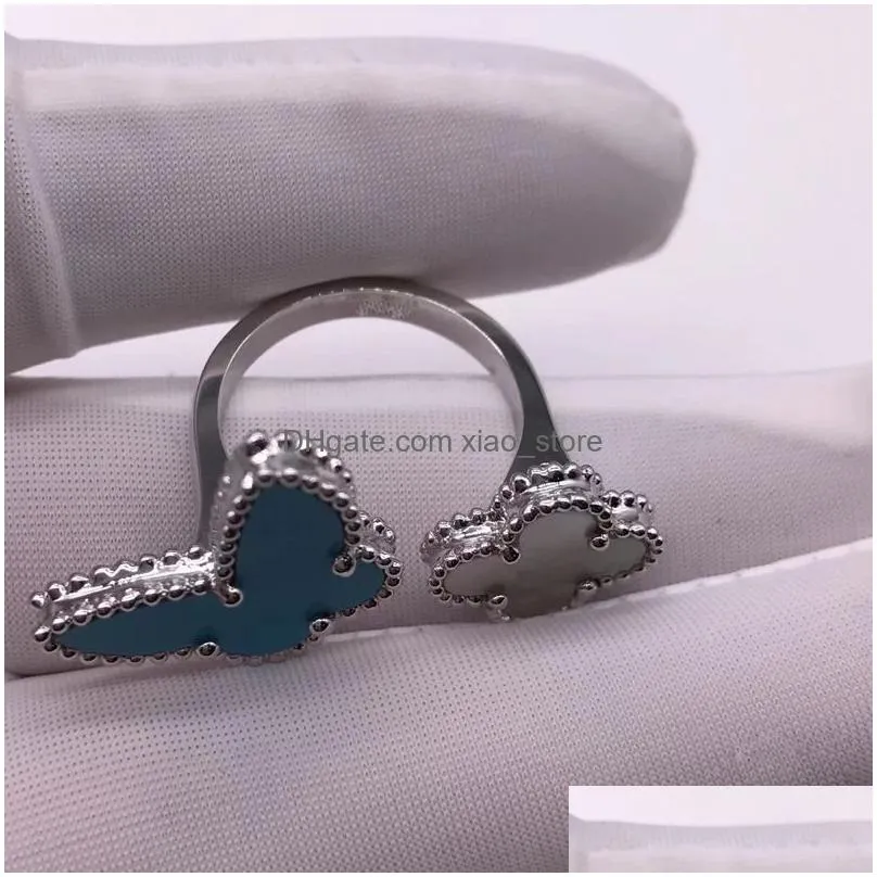 brand luxury love sweet clover butterfly designer band rings for women mother of pearl blue limited edition cute charm elegant ring wedding jewelry nice