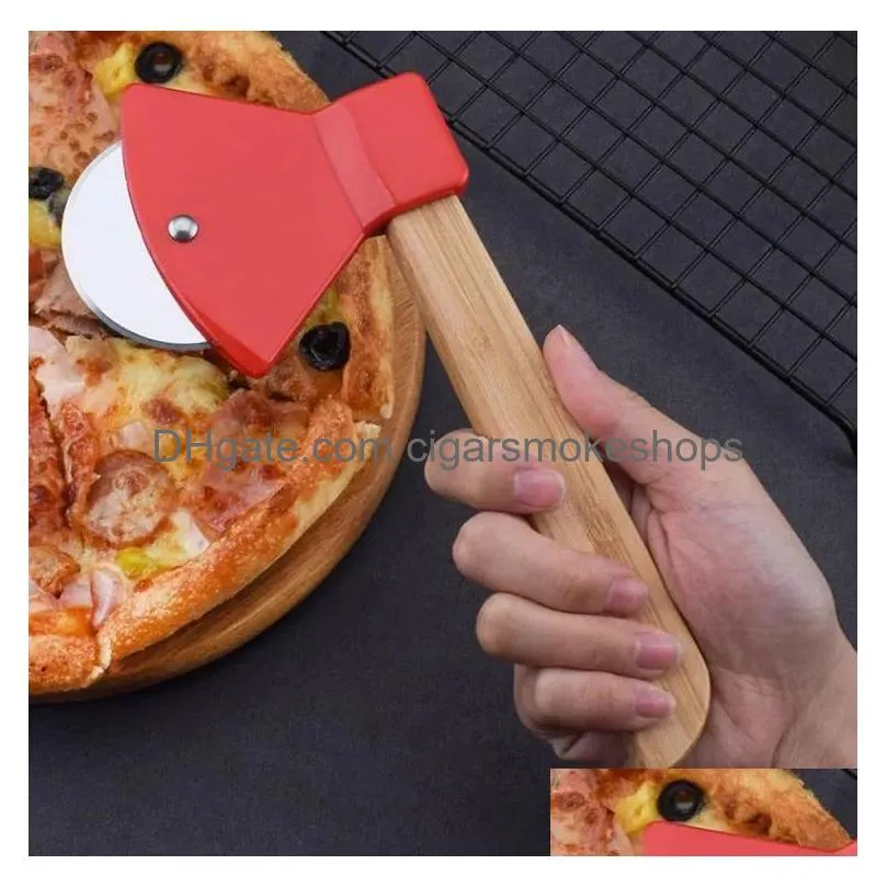 Other Kitchen Tools Fruit Vegetable Axe Bamboo Handle Pizza Cutter Rotating Blade Home Cutting Tool Wholesale Drop Delivery Garden Kit Dhgjc