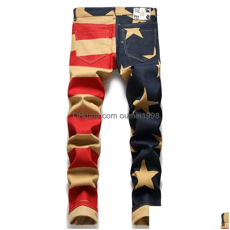 Men`S Jeans Men American Flag Print Fi Stripe Stars Digital Printed Paint Denim Pants Slim Stretch Pencil Trousers 29Pw Drop Delivery Dh3Gr