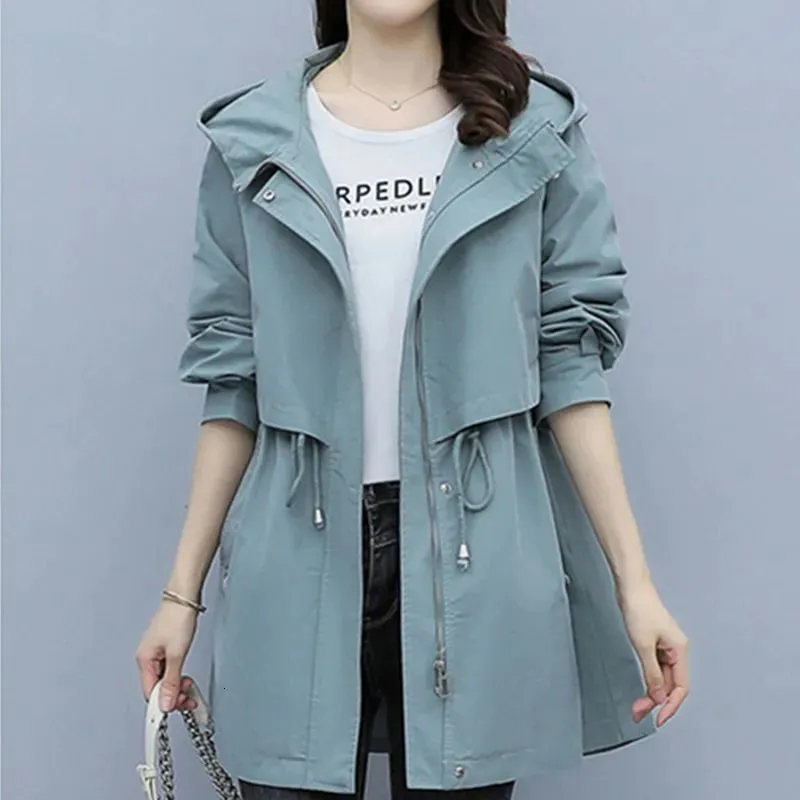 Womens Trench Coats Spring and Autumn Midlength Coat Hooded Zipper Tiein Jackets British Style Loose Clothing 230928