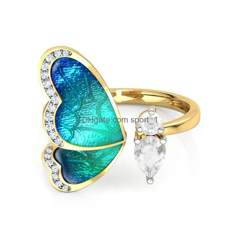 fantasy blue butterfly wings gold open finger rings charms jewelry fashion adjustable rhinestone party rings for women