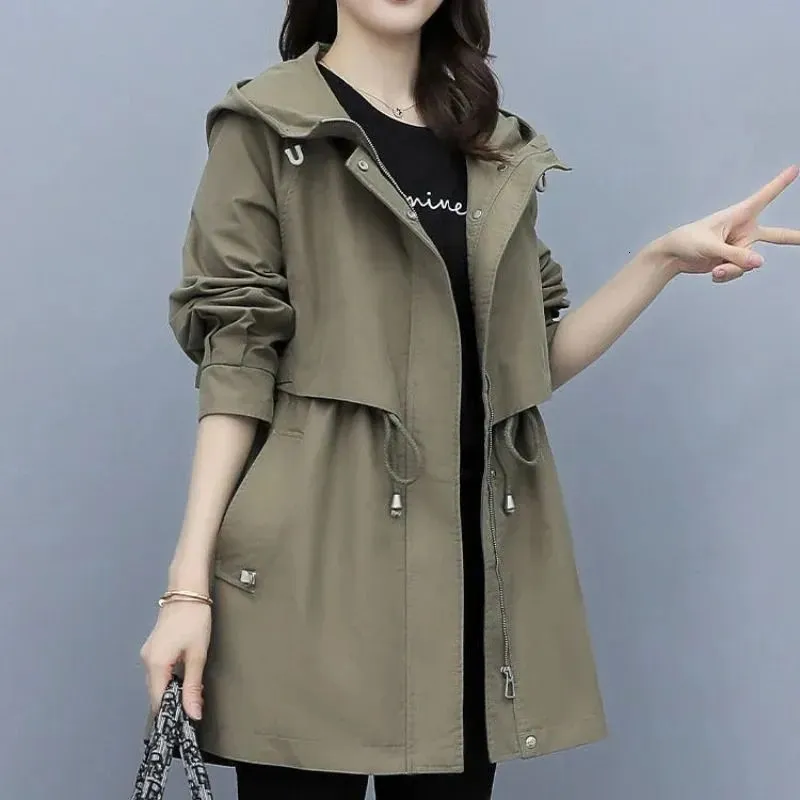 Womens Trench Coats Spring and Autumn Midlength Coat Hooded Zipper Tiein Jackets British Style Loose Clothing 230928