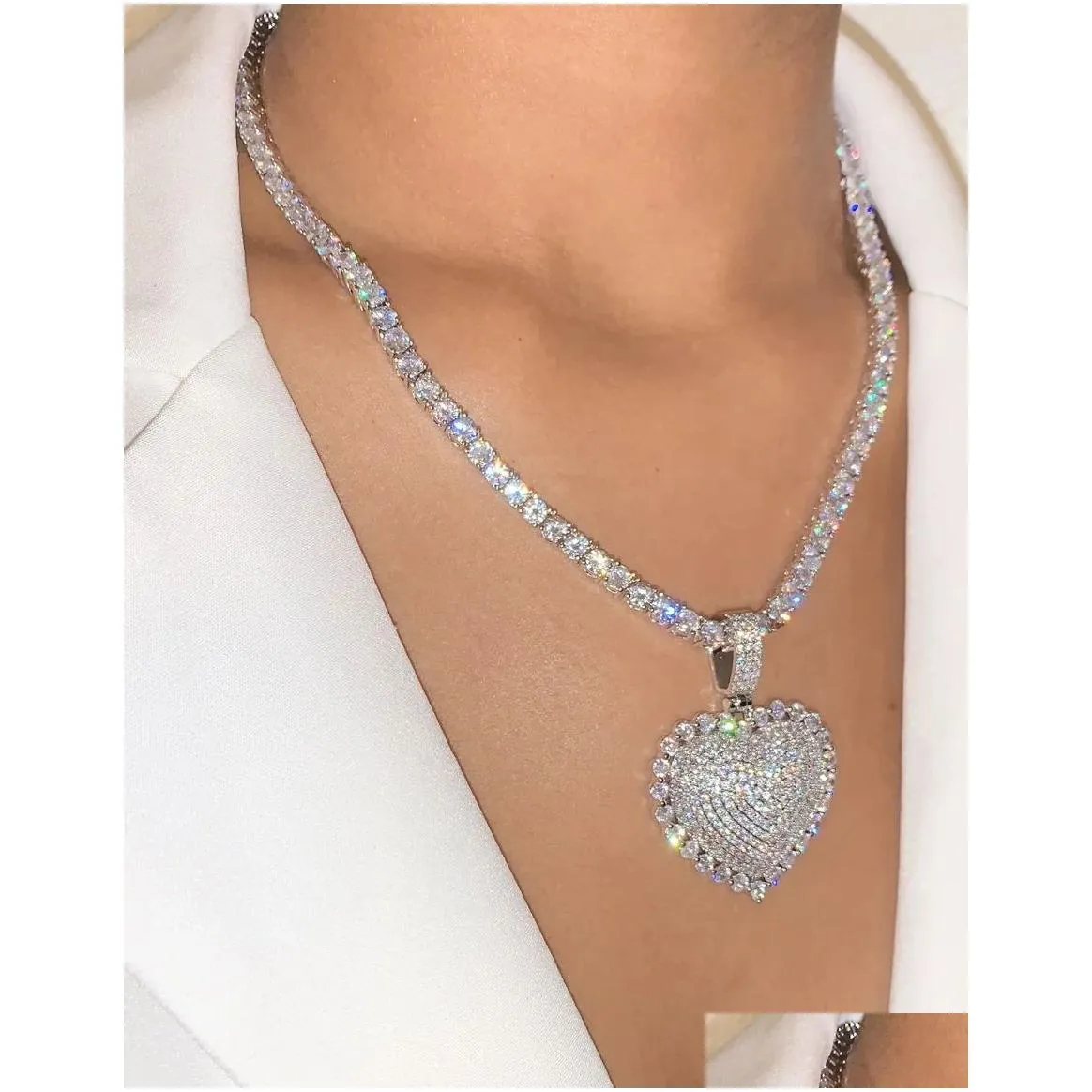 Pendant Necklaces 2021 Iced Out Bling Women Jewelry Micro Pave 5A Cz Cubic Zirconia Big Heart Tennis Chain Sparking Necklace Drop Deli Dhvcg