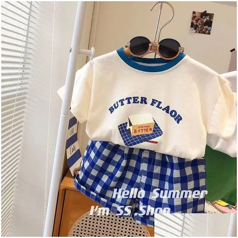 Clothing Sets Summer T-shirt Shorts Set Kids` Letter PrintPlaid Shorts Set Clothes Girls Boys` Baby Clothes Casual Set 230830