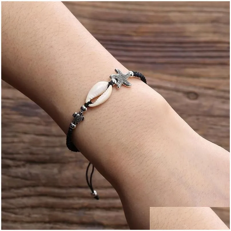 Charm Bracelets Starfish Shell Beach Bracelet Adjustable Sea Turtle Rope Uni Braided For Men And Women Personality Summer Holiday Jew Dhmdg