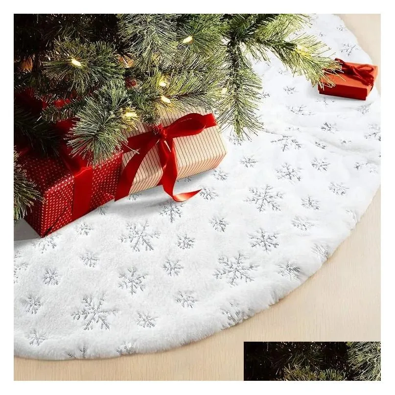 Christmas Decorations Snowy White Christmas Tree Skirt Plush Faux Fur Xmas Trees Carpet Mat Ornaments For 2024 Year Home Party Decoration