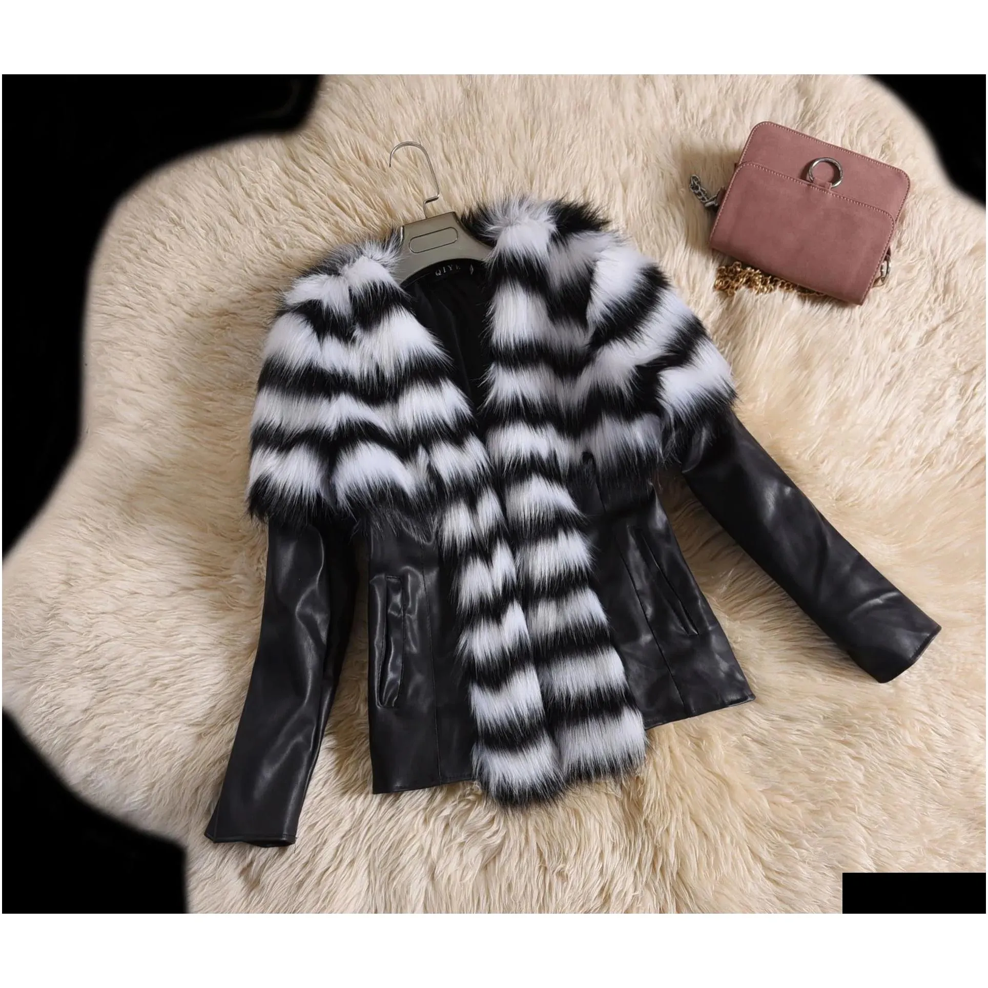 Autumn Winter Women`s Faux Fur Coat Jacket Female Slim Fit PU Leather Fur Coats Fluffy Outerwear Jackets 211019