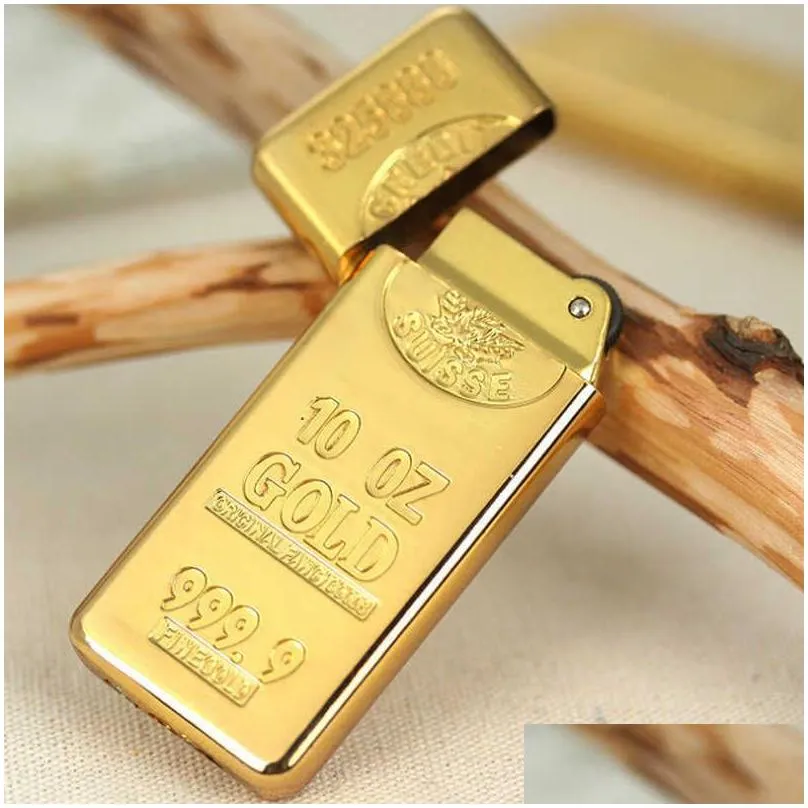 New Novelty Thin Gold Brick Lighter Smoking Accessories Cool Torch Butane Inflatable Flint Grinding Wheel Open Flame Lighter PD3KNo