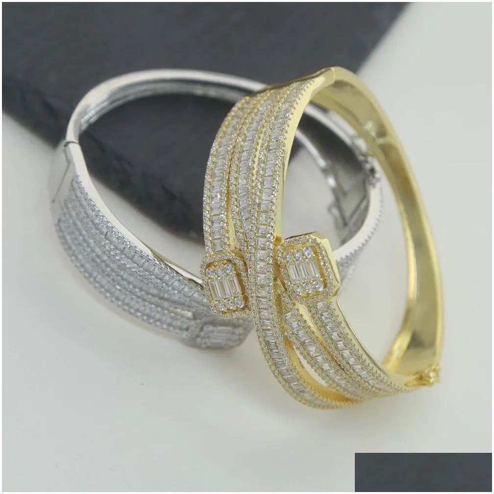 Iced Out Sparking Baguette CZ Cubic Zirconia Bracelet Gold Silver Color Luxury Fashion Multi Layered Band Bracelets Bangles Jewelry
