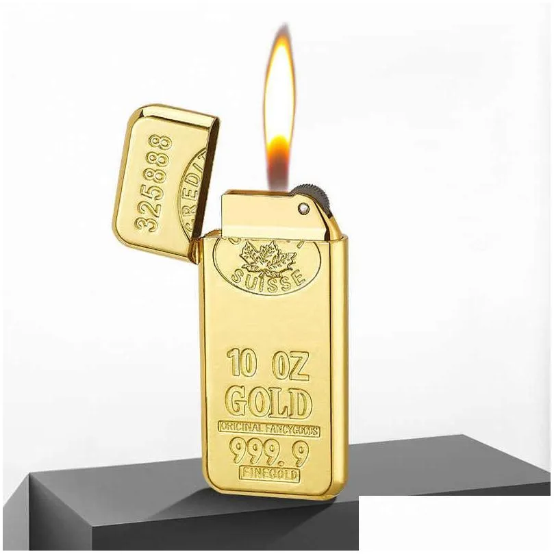 New Novelty Thin Gold Brick Lighter Smoking Accessories Cool Torch Butane Inflatable Flint Grinding Wheel Open Flame Lighter PD3KNo