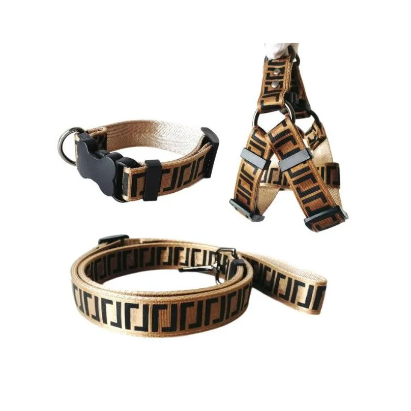 Luxury Dog Collars Leashes Set Designer Dog Leash Seat Belts Pet Collar and Pets Chain for Small Medium Large Dogs Cat Chihuahua Poodle Bulldog Corgi Pug Brown
