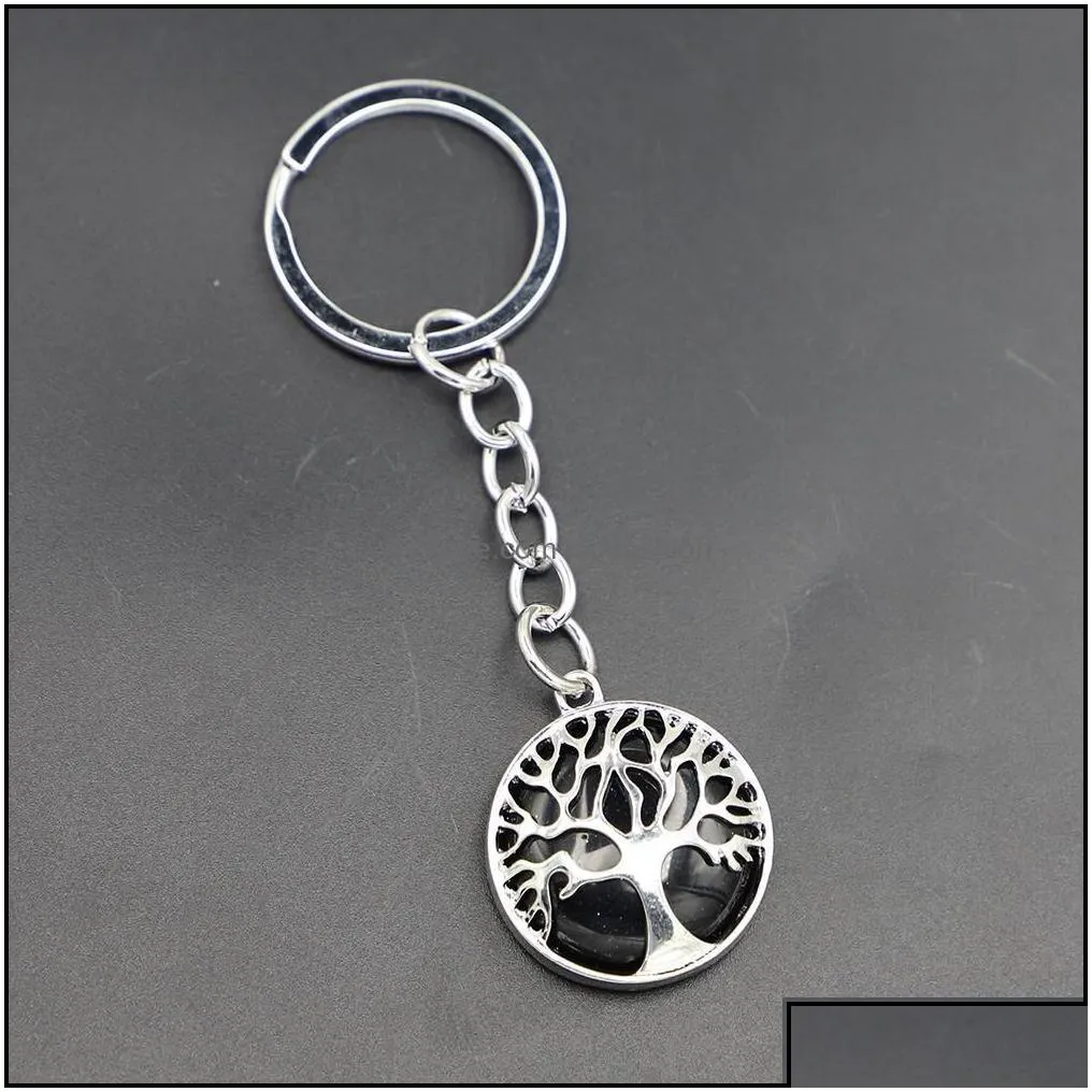 Keychains Lanyards Natural Crystal Stone Original Keychain Tree Of Life Lucky Key Ring Car Decor Bag Keyring Reiki Fashion Accesso