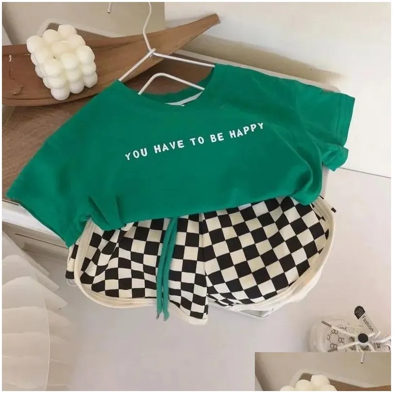 Clothing Sets Summer T-shirt Shorts Set Kids` Letter PrintPlaid Shorts Set Clothes Girls Boys` Baby Clothes Casual Set 230830