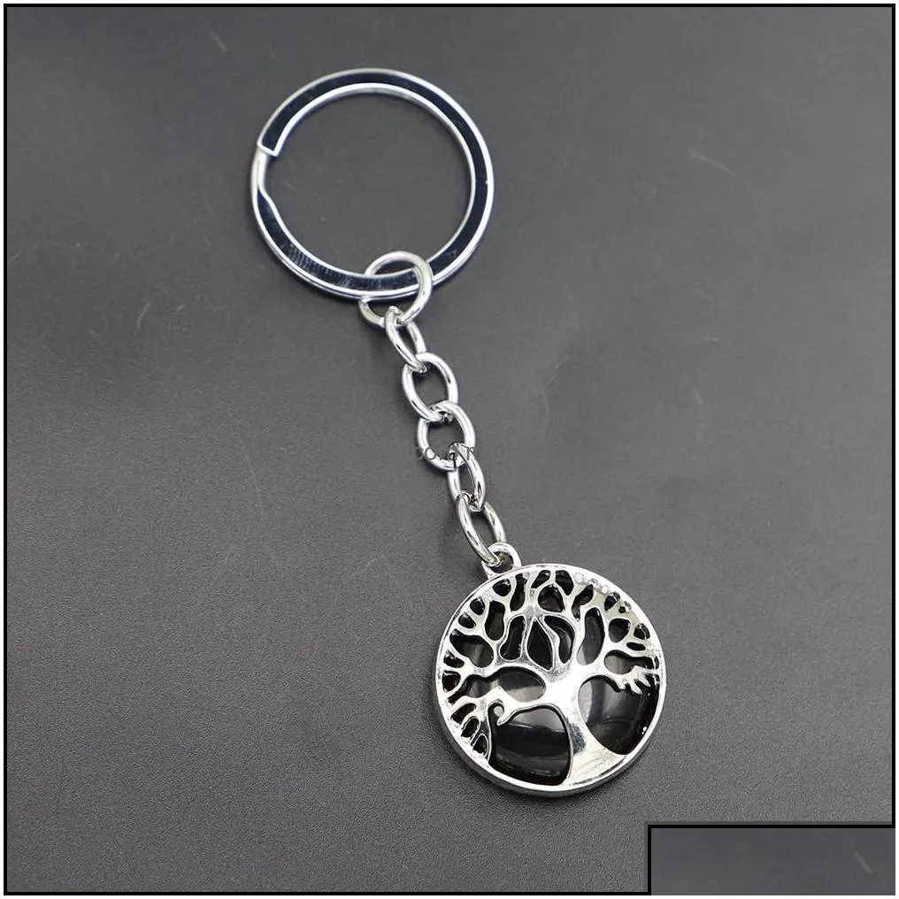 Keychains Lanyards Natural Crystal Stone Original Keychain Tree Of Life Lucky Key Ring Car Decor Bag Keyring Reiki Fashion Accesso