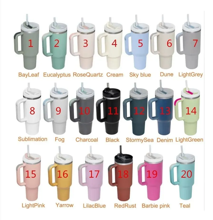 Rose Quartz St Quencher H2 0 40oz Tumblers Cups With Handle Insulated Car Mugs Logo on Lids Same Color Logo Cups Color Stainless S267s