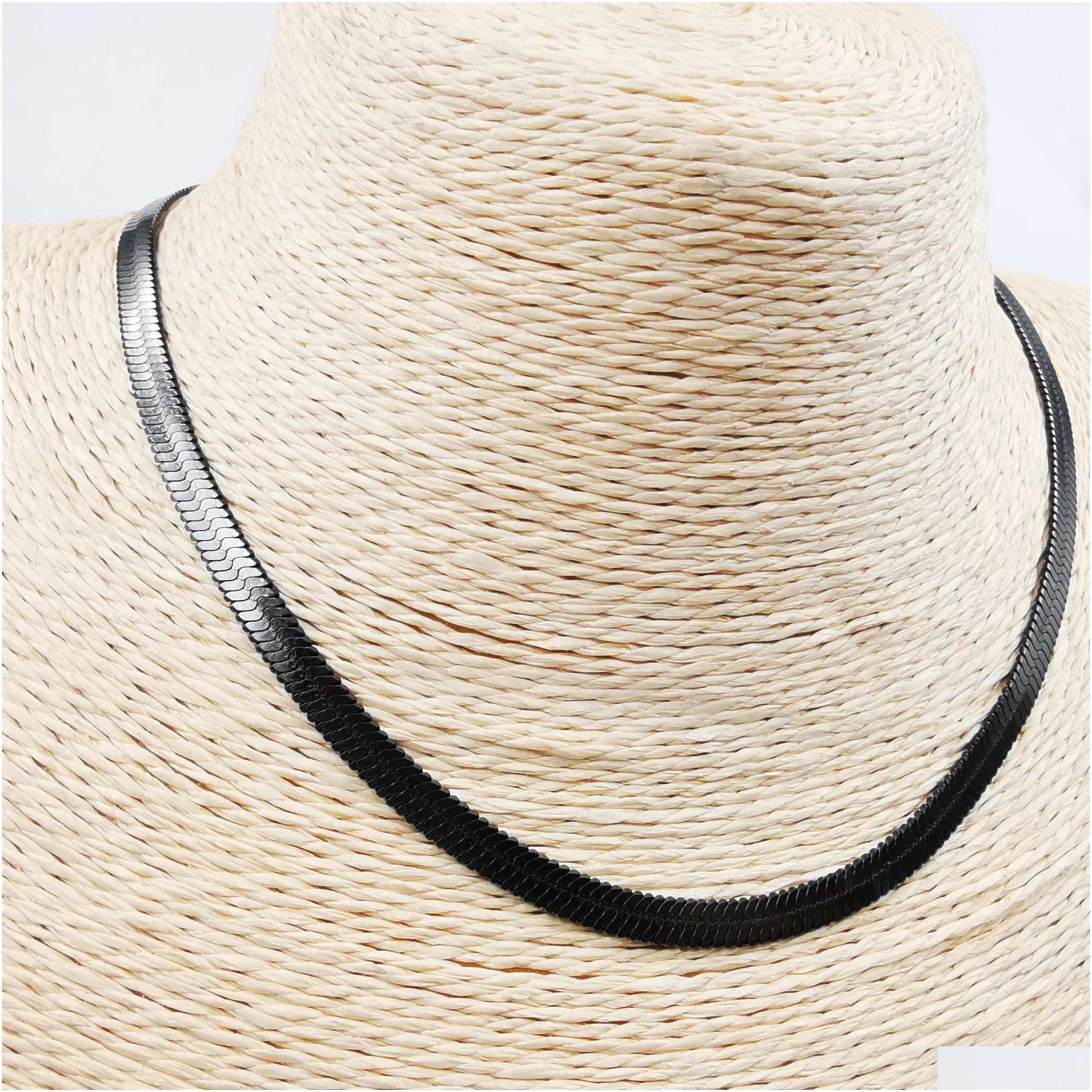 fashion golden black flat snake chain herringbone choker necklace for women gifts stainless steel 5mm 15.7add4cm