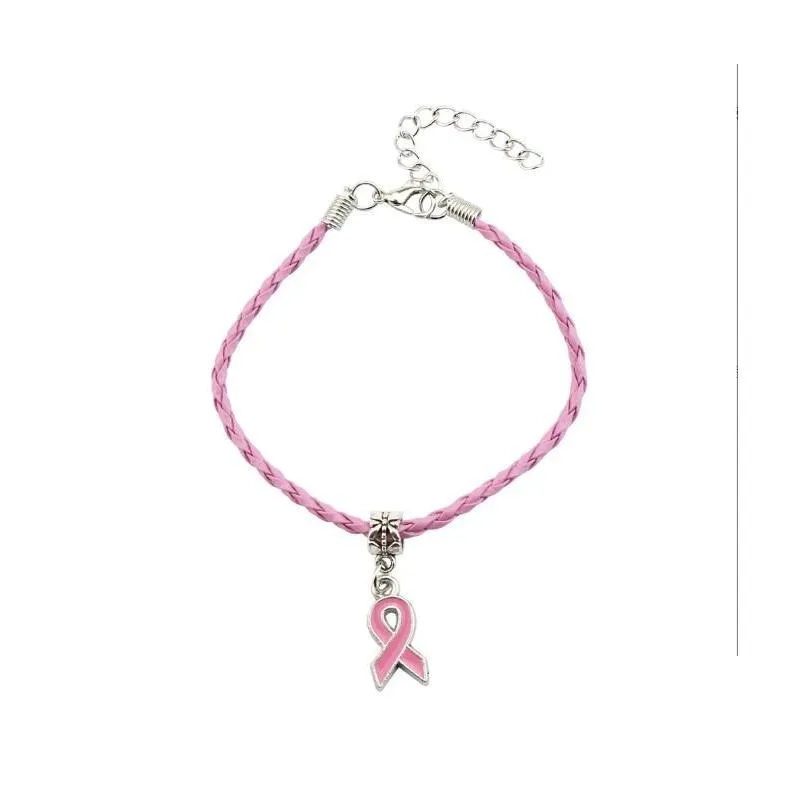 50pcs Hope Breast Cancer Awareness Ribbon Charm Pendant Leather Rope Bracelet Fit European Bracelet Handmade Craft DIY