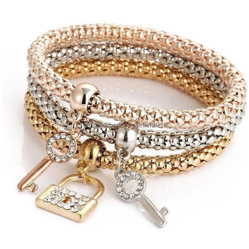 Charm Bracelets 3 Color/Set Tree Of Life Women Crystal Crown Musical Symbol Elephant Key Lock Owl Wrap Bracelet For Men Jewelry Bk D