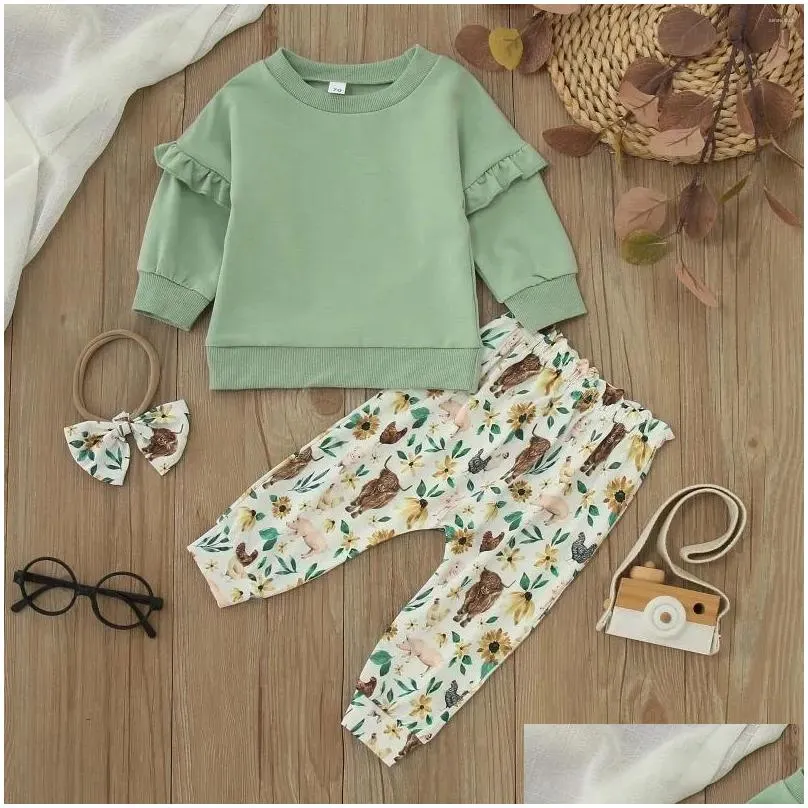 Clothing Sets Toddler Girls Long Sleeve Ruffles T Shirt Pullover Tops Cartoon Cow Prints Pants Little Girl`s Outfits Blanket Wrap Set