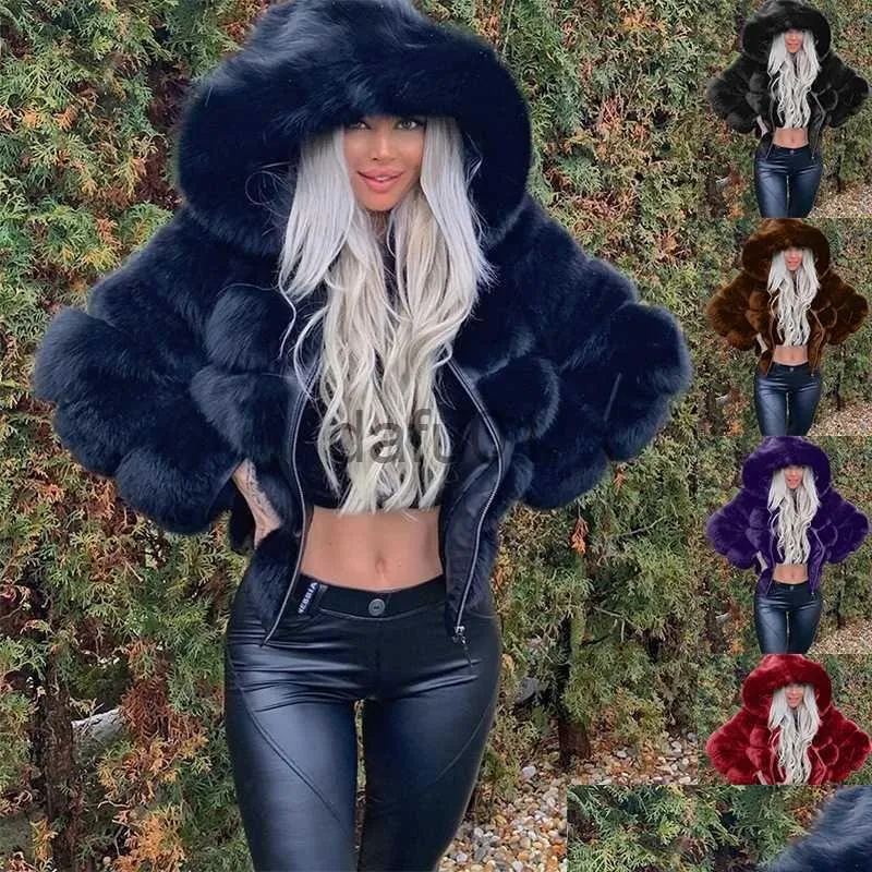 Women`s Fur Faux Fur 2023 Autumn Winter Women Fashion Long Sleeve Solid Color Faux Fur Coat Hooded Warm Coat x0907