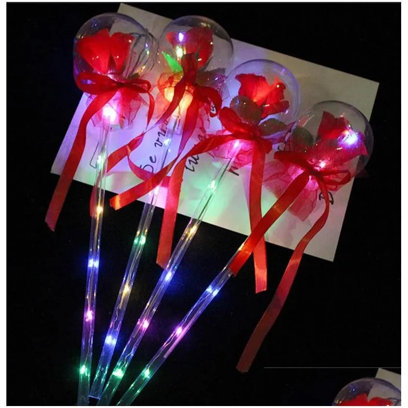 led party favor decoration light up glowing red rose flower wands clear ball stick for wedding valentine`s day atmosphere decor