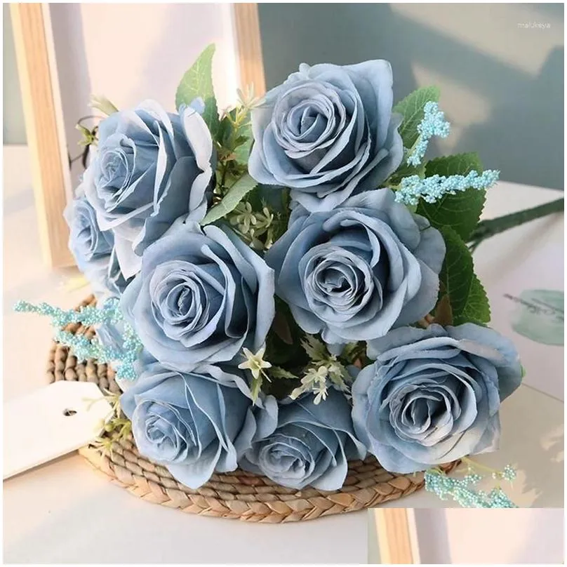 Decorative Flowers & Wreaths Absf Artificial Blue Roses Silk Rose Flower Bouquet Home Garden Decoration Wedding Drop Delivery Festive Otais