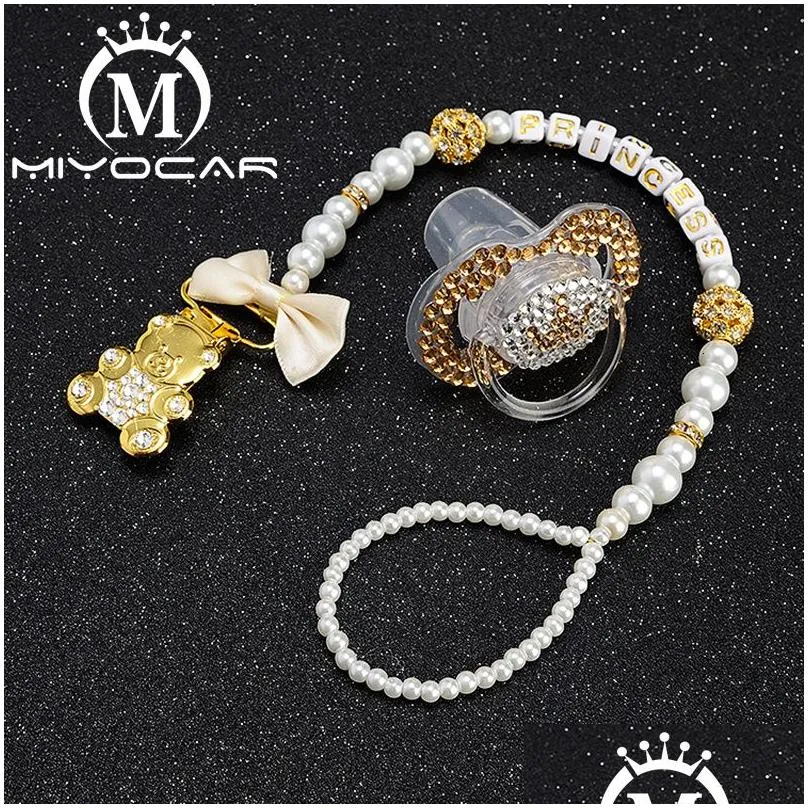 Baby Teethers Toys MIYOCAR any name Elegant luxury bling bear pacifier clip holder pacifier holder with bling gold crown bling pacifier SP016