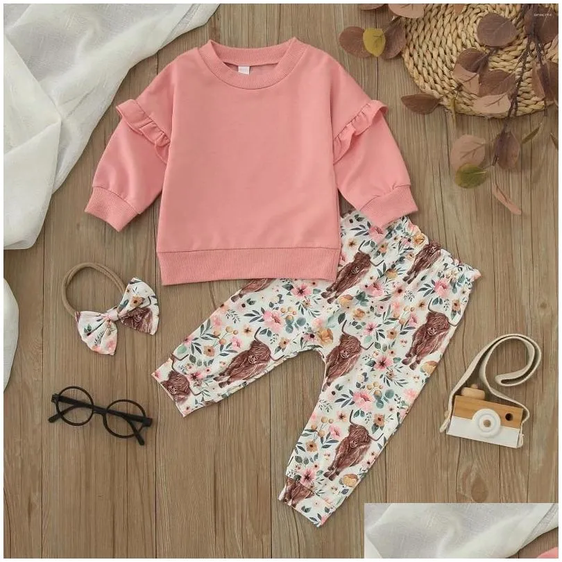 Clothing Sets Toddler Girls Long Sleeve Ruffles T Shirt Pullover Tops Cartoon Cow Prints Pants Little Girl`s Outfits Blanket Wrap Set