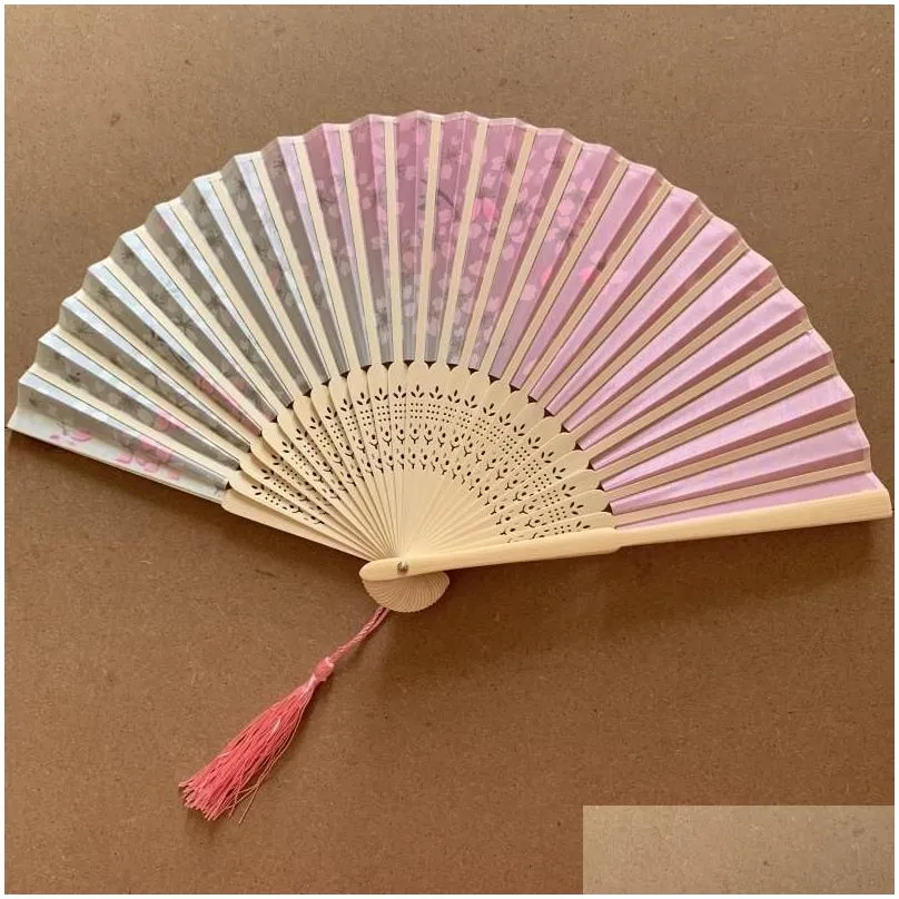 Vintage Chinese Style Cherry Blossom Bamboo Folding Silk Hand Fan Party Favor Exquisite Gift For Guest or as Home Decorations
