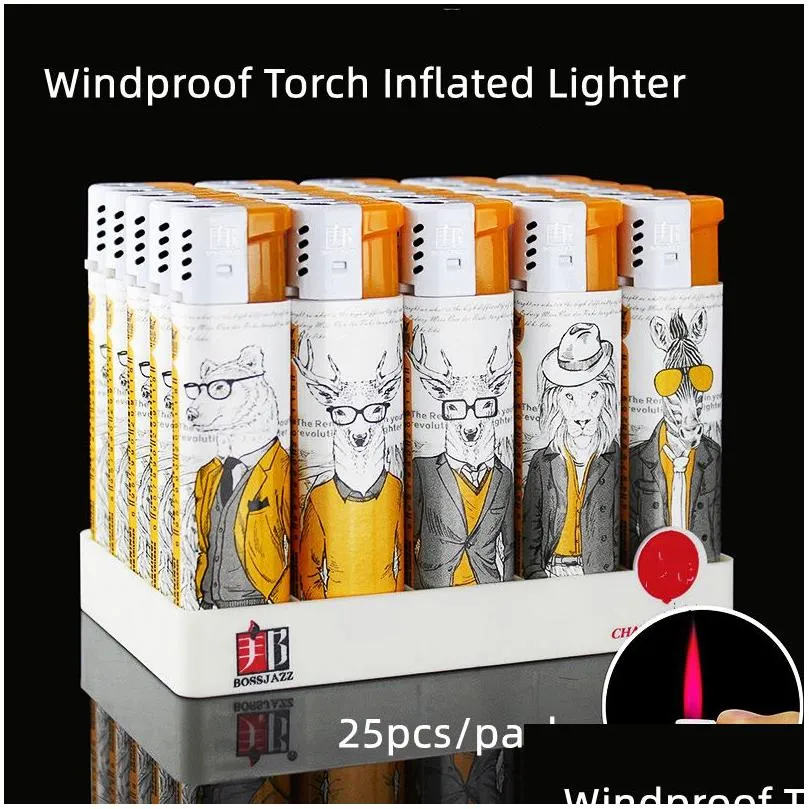 New Windproof Torch Lighter Red Flame  Gas Refill Cigarette Lighter Butane Inflated Plastic Cheap Lighters 25 PCS Per Pack Gadgets