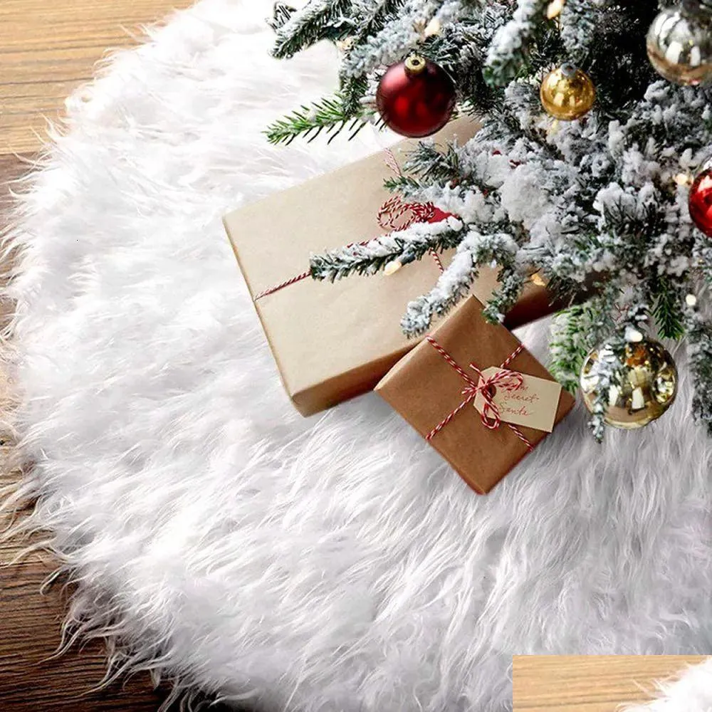 Christmas Decorations Snowy White Christmas Tree Skirt Plush Faux Fur Xmas Trees Carpet Mat Ornaments For 2024 Year Home Party Decoration