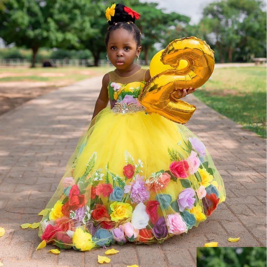 Yellow Ball Gown Beaded Flower Girl Dresses For Wedding Sheer Jewel Neck 3D Appliqued Pageant Gowns Tulle First Communion Dress