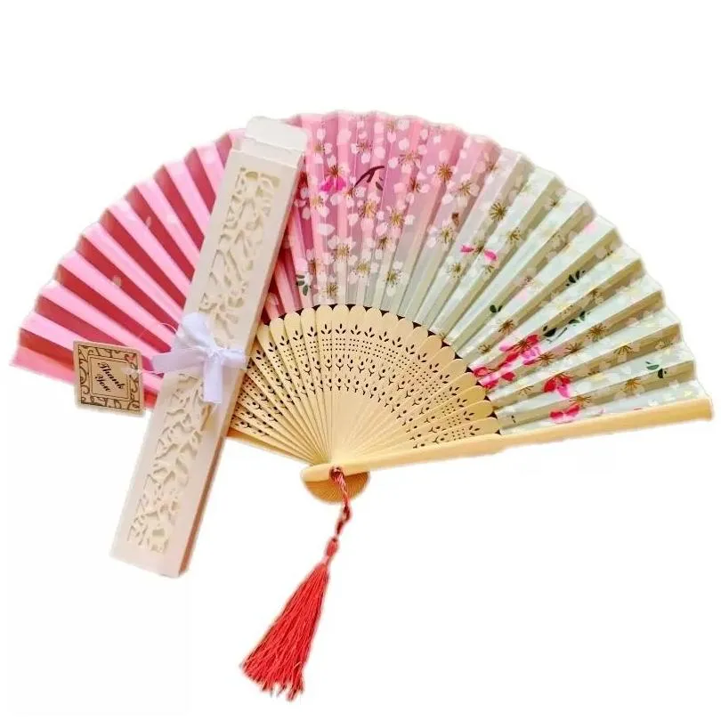 Vintage Chinese Style Cherry Blossom Bamboo Folding Silk Hand Fan Party Favor Exquisite Gift For Guest or as Home Decorations