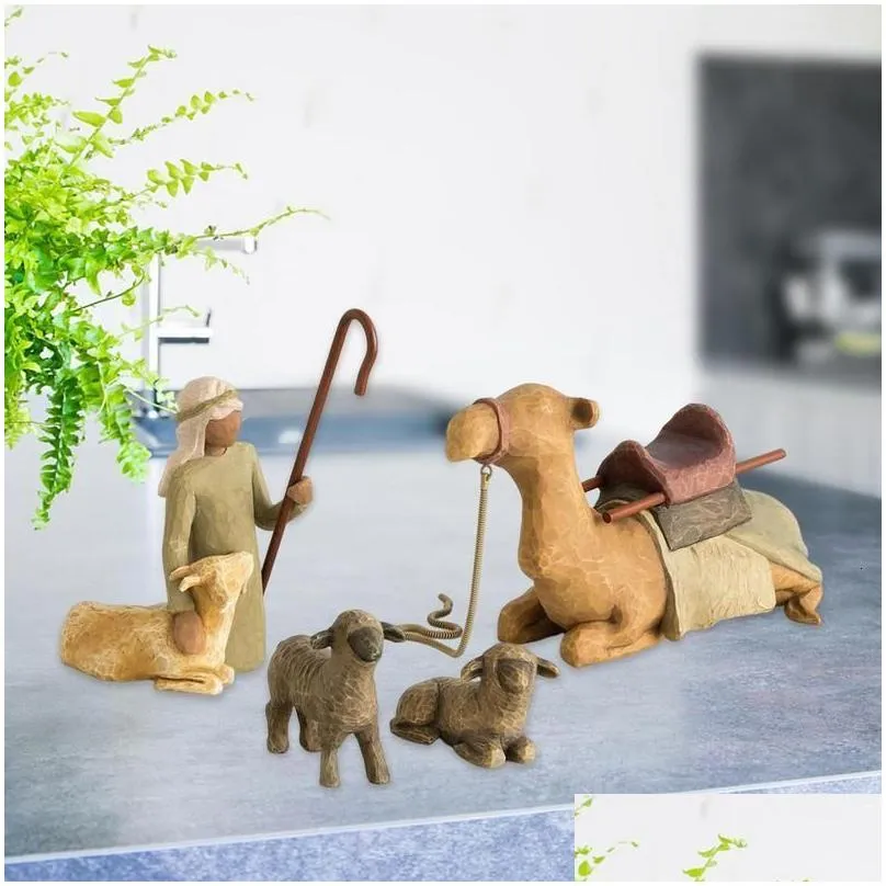 Other Event Party Supplies 4pcs Religious Nativity Manger Set Resin Crafts Shepherds Figures Staute Family Desk Ornaments Easter Decoration