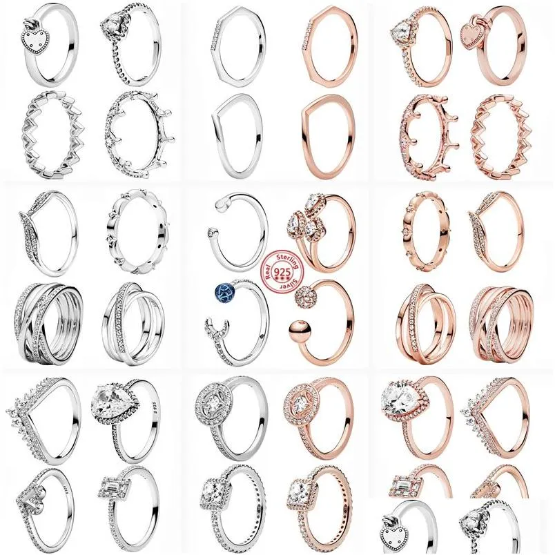 925 Silver Women Fit Ring Original Heart Crown Fashion Rings Princess Tiara Crown Sparkling Love Heart CZ