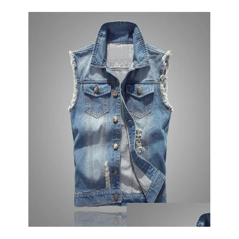 Slim Fit  Male Jacket Vest Ripped Denim Vest Men039s Jacket Sleeveless Casual Waistcoat Mens Jean Coat 5XL2310910