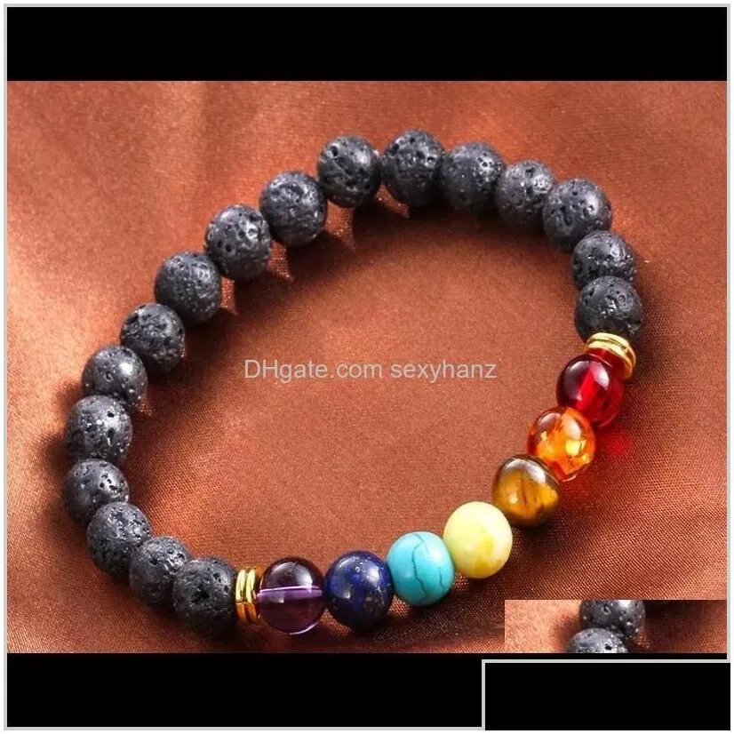 Charm Jewelrykimter Black Volcanic Lava Bracelet 7 Chakra Natural Stone Essential Oil Diffuser Bracelets Yoga Beads Jewelry For Women Men