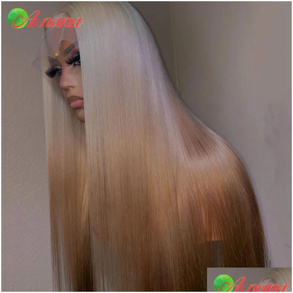 Platinum Blonde Straight 13X4 Lace Front Brazilian Human Hair Wig Glueless Ombre Brown Color Body Wave Frontal Wigs For Women