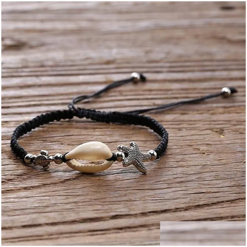 Charm Bracelets Starfish Shell Beach Bracelet Adjustable Sea Turtle Rope Uni Braided For Men And Women Personality Summer Holiday Jew Dhmdg
