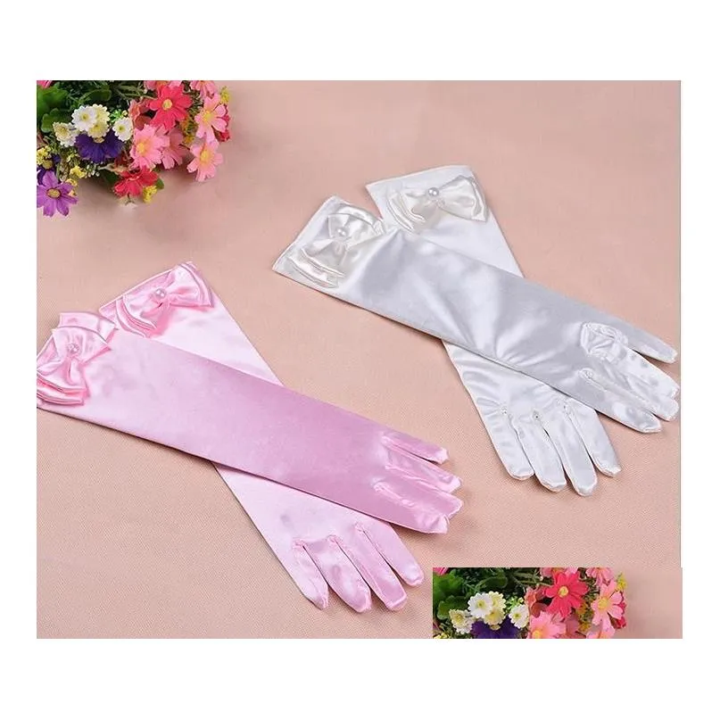 Wedding Elastic Girl Satin Long Gloves Kid Children Fancy Dress Bow Pearl Gloves Costume COS princess Mitten 3Y-8Y party favor