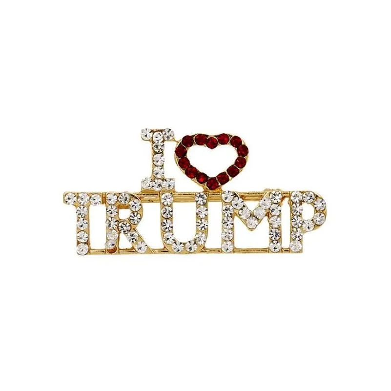 trump crystal rhinestones unique design letter brooches red heart letter i love trump words pin women girls coat dress jewelry
