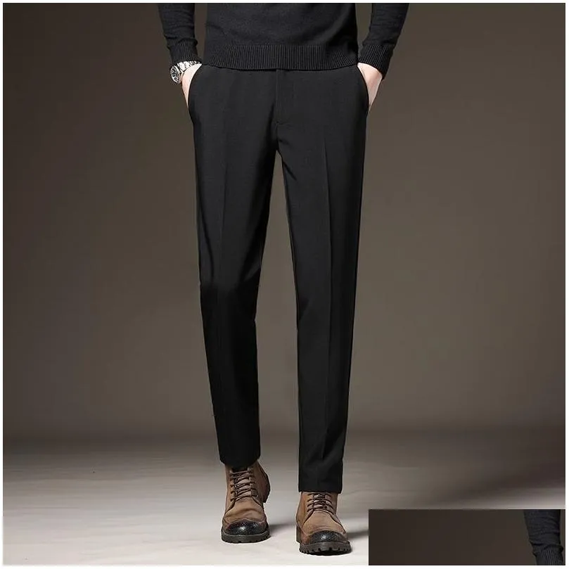 Mens Pants Spring Summer Mens Suit Slim Business Office Elastic Waist Black Grey Classic Korean Trousers Male Plus Size 2738 40 42