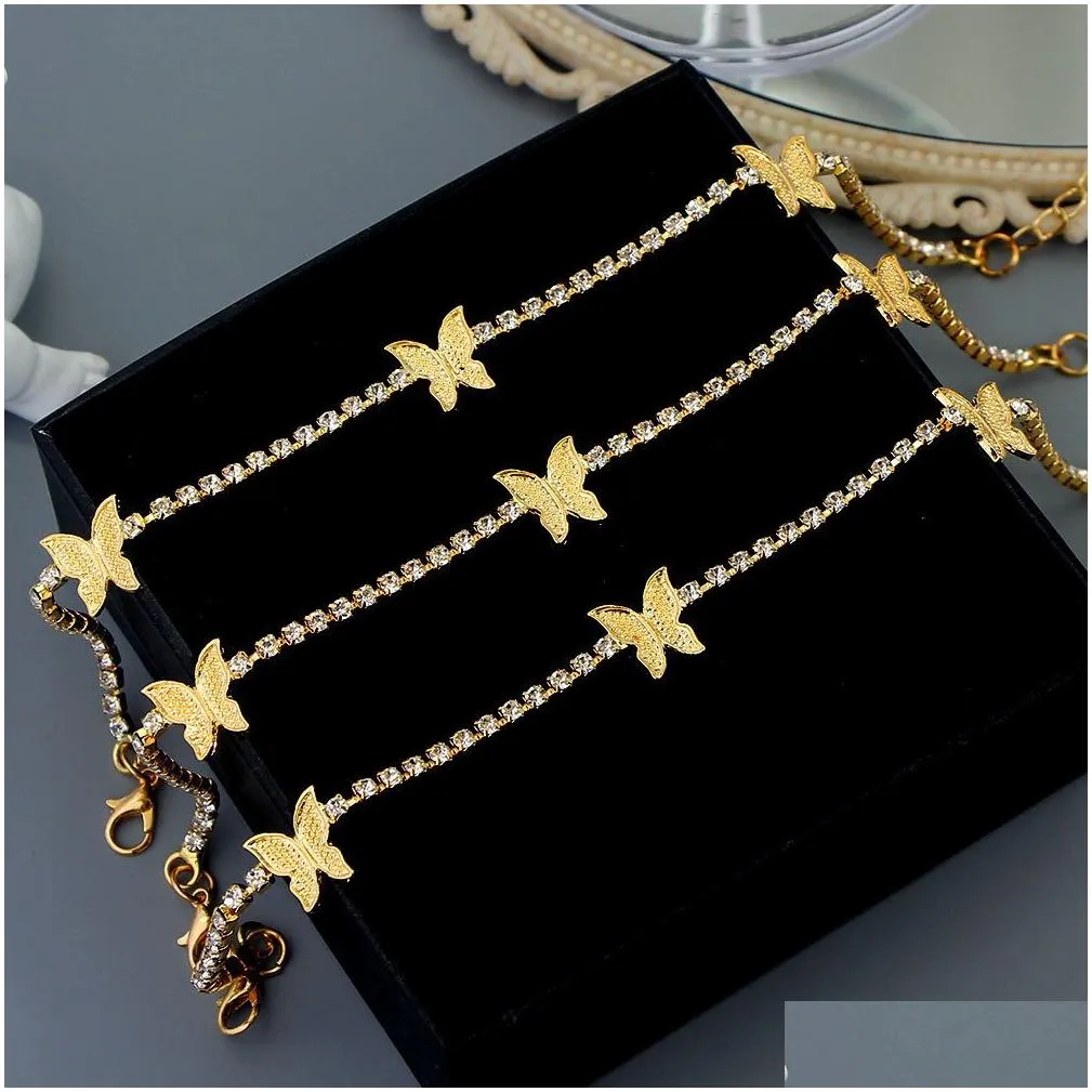 Trendy Shining Cute Butterfly Crystal Tennis Anklet for Women Gold Silver Color Boho Sandals Rhinestone Foot Ankle Chain Jewelry