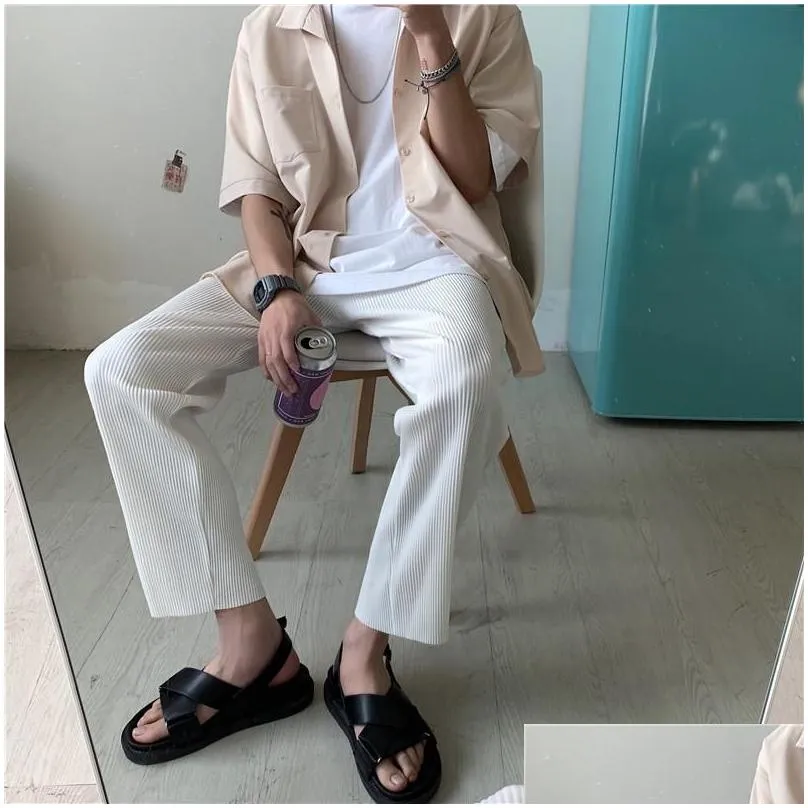 Straight Pants Pleated Loose Ice Silk Trousers Men`s Fashion Elastic Waist Casual Pant Men Streetwear Wide Leg Pants S-XL