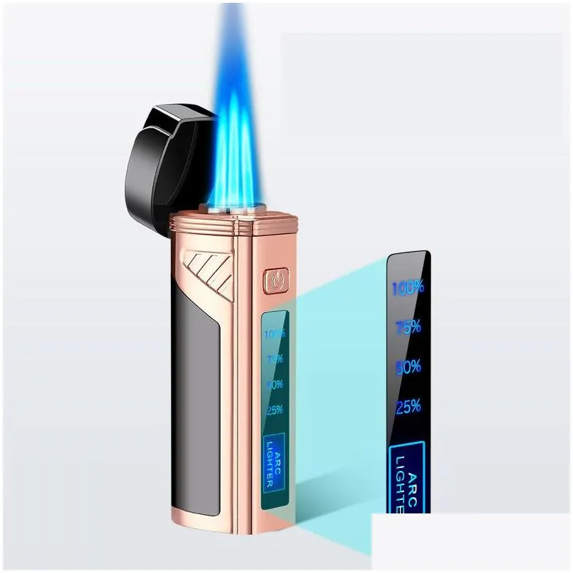 Lighters Cigar Torch Lighter With Punch Electric Ignition Triple Flame  Inflatable Touch Sensing Windproof Power Display Creative D Dhkds