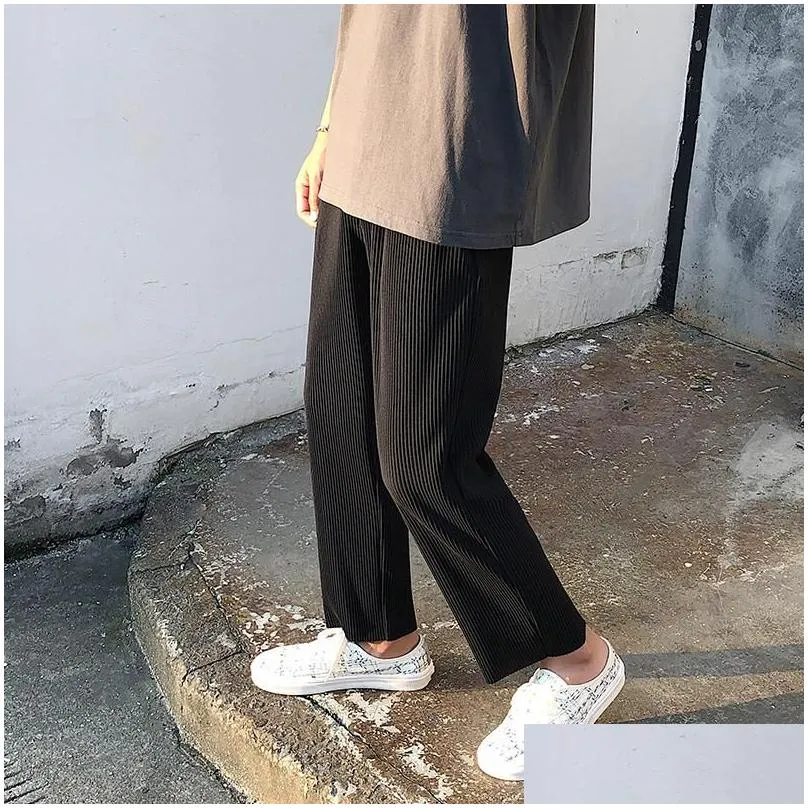 Straight Pants Pleated Loose Ice Silk Trousers Men`s Fashion Elastic Waist Casual Pant Men Streetwear Wide Leg Pants S-XL