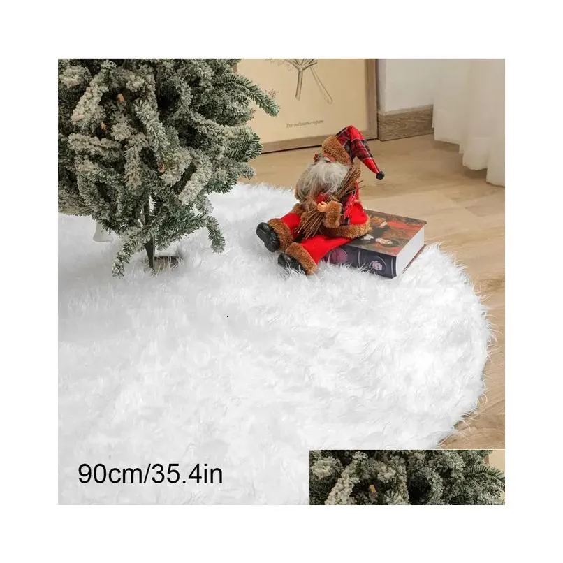 Christmas Decorations Snowy White Christmas Tree Skirt Plush Faux Fur Xmas Trees Carpet Mat Ornaments For 2024 Year Home Party Decoration